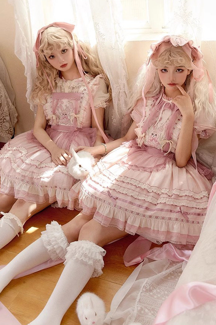 Pink Rabbit Print Sweet Dream Girl Ruffle Bowknot Stitching Lace Lolita JSK Dress