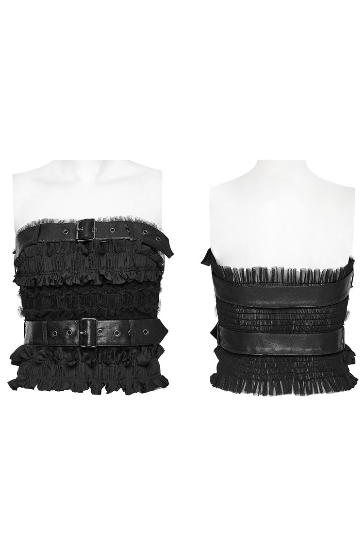 Black Sleeveless Ruffle Ripped Women's Gothic Corset with Belts