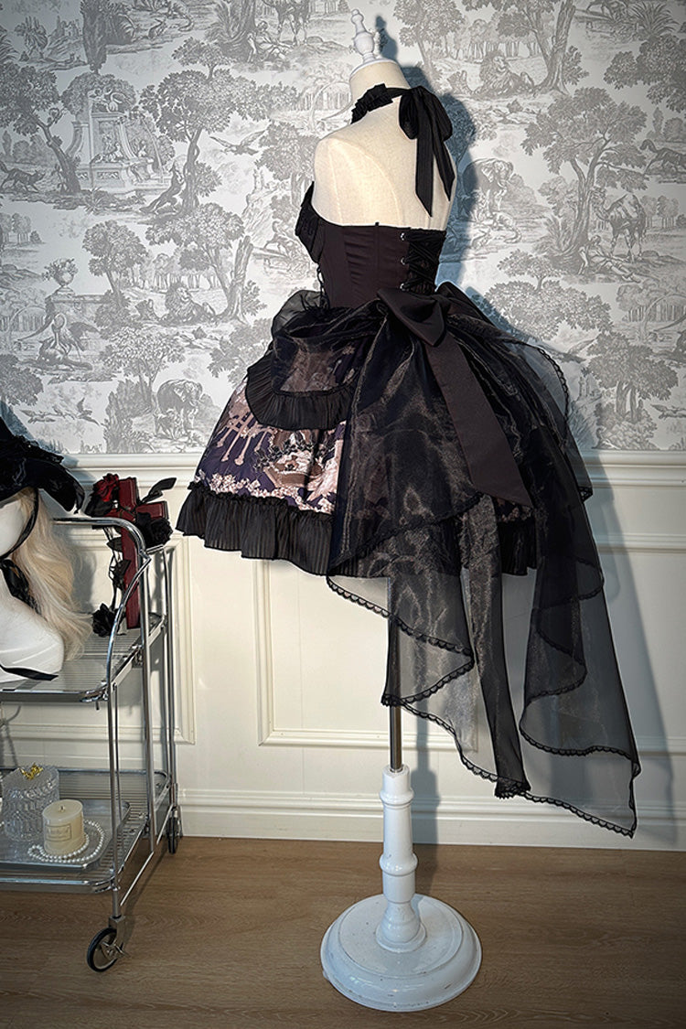 Black [The Mystery of The Doll] Halterneck Print Ruffle Bowknot Drawstring Gothic Lolita Dress