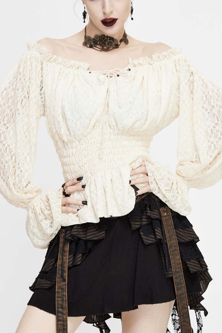 White Off Shoulder Long Sleeves Ruffle Lace Women's Gothic Blouse