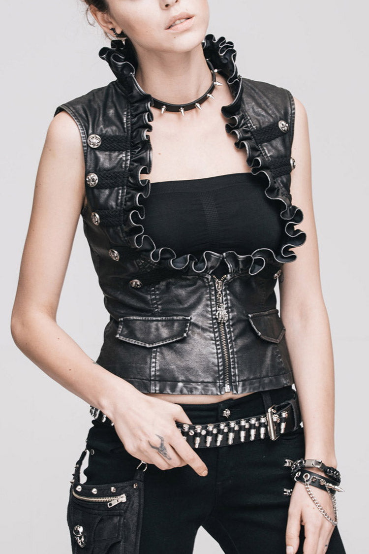 Black/Silver Big Opening Chest Wave Collar Hand Rubbed Leather Women's Punk Vest