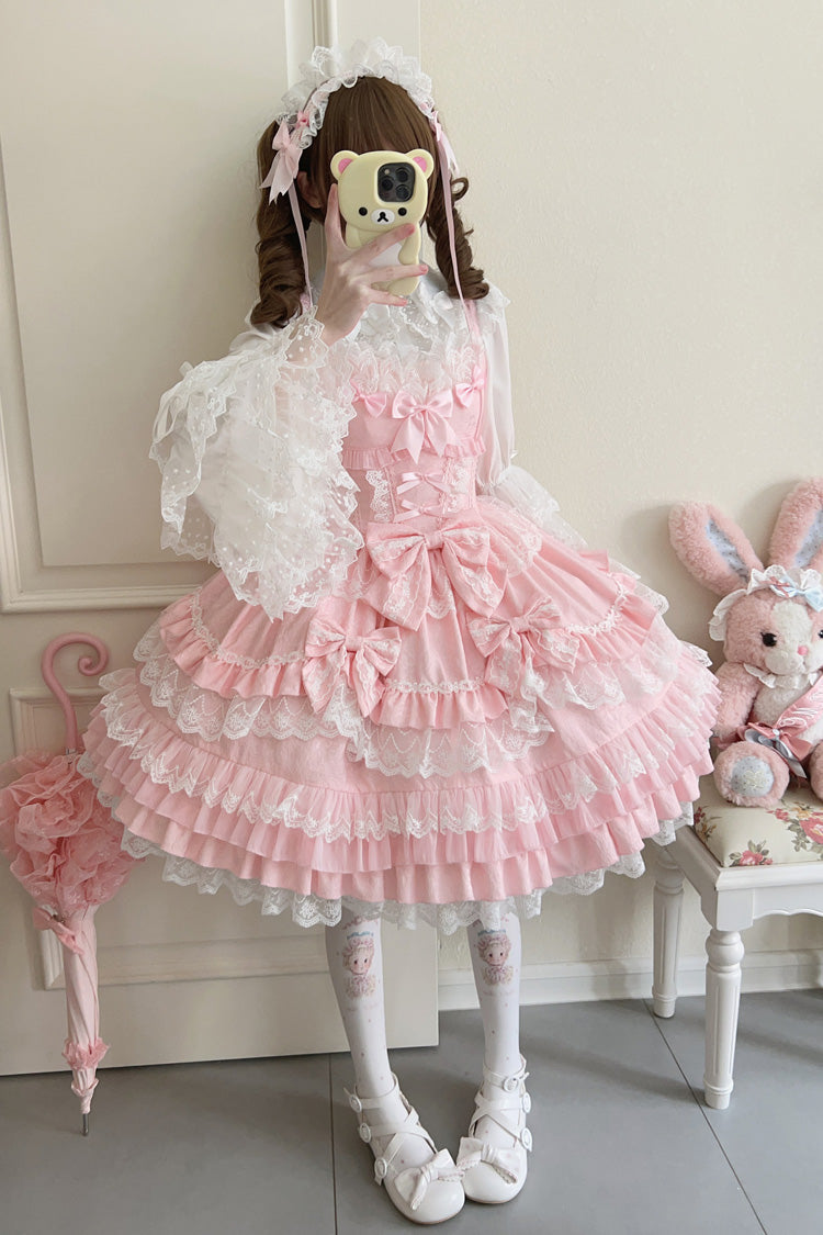 Pink Multi-Layered Ruffle Bowknot Stitching Lace Sweet Lolita Jsk Dress