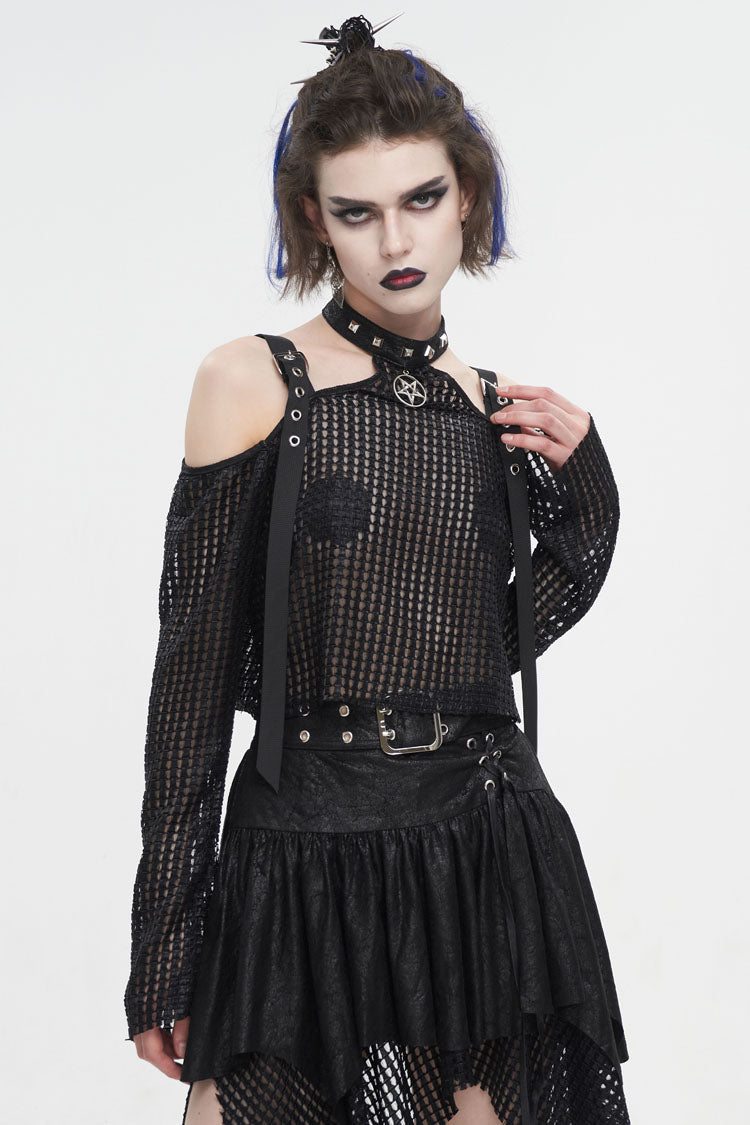 Black Off Shoulder Buckle Sheer Crop Women's Punk Shirt