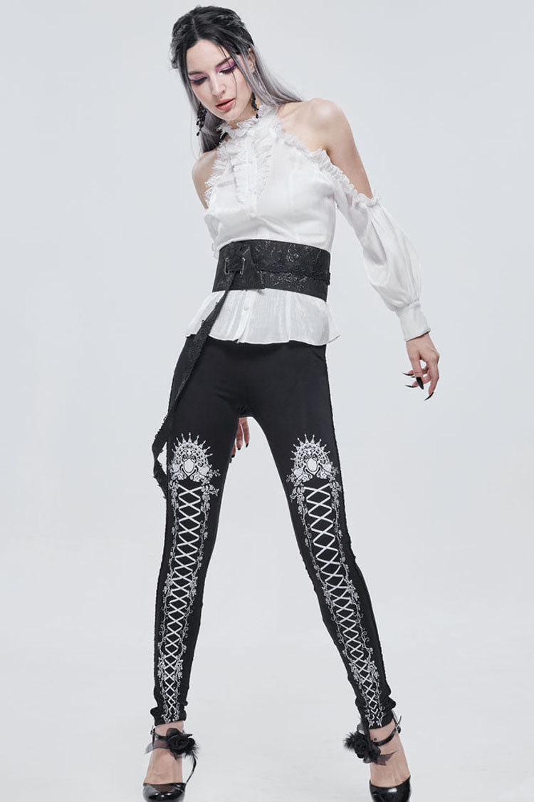 Black/White Gothic Printed Decoration Tie-Rope Elasticity Women's Leggings