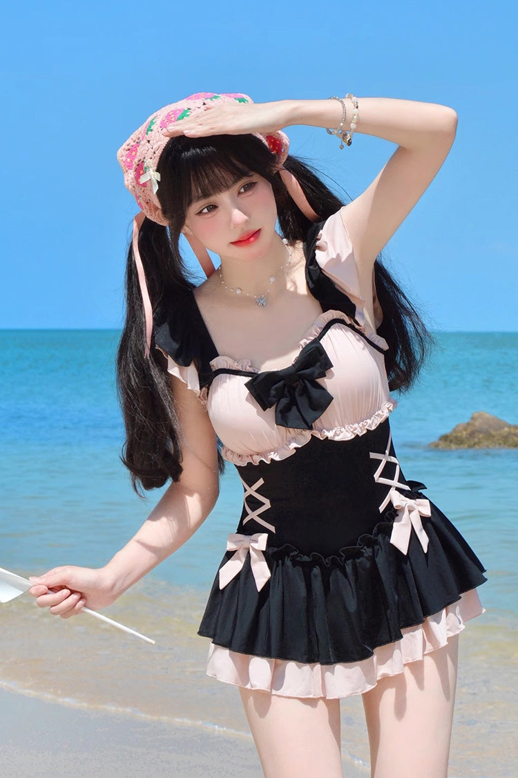 Black/Pink Ruffle Bowknot Lace-Up Sweet Lolita One-piece Swimsuit