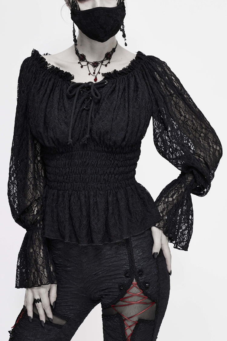 Black Off Shoulder Long Sleeves Ruffle Lace Women's Gothic Blouse