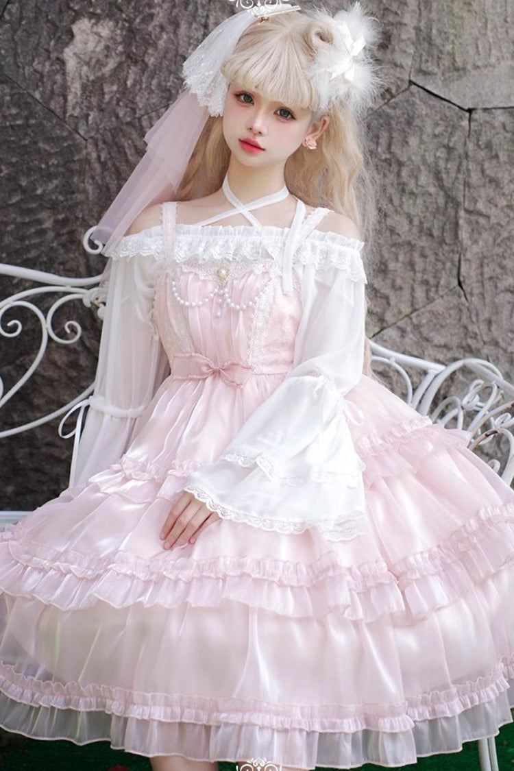 Pink Gauze Romance Multi-layer Ruffle Bowknot Sweet Elegant Princess Lolita Jsk Dress