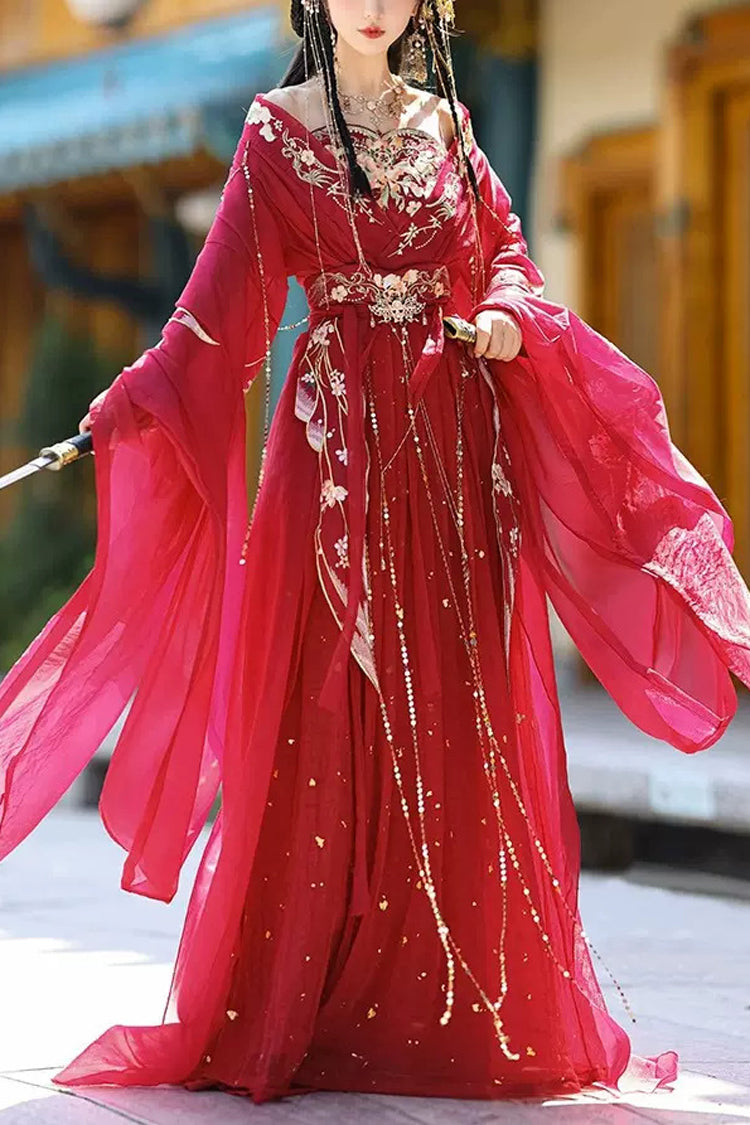 Klassisches Hanfu-Kleid für Damen mit roter Heißprägung und Stickerei, komplettes Set