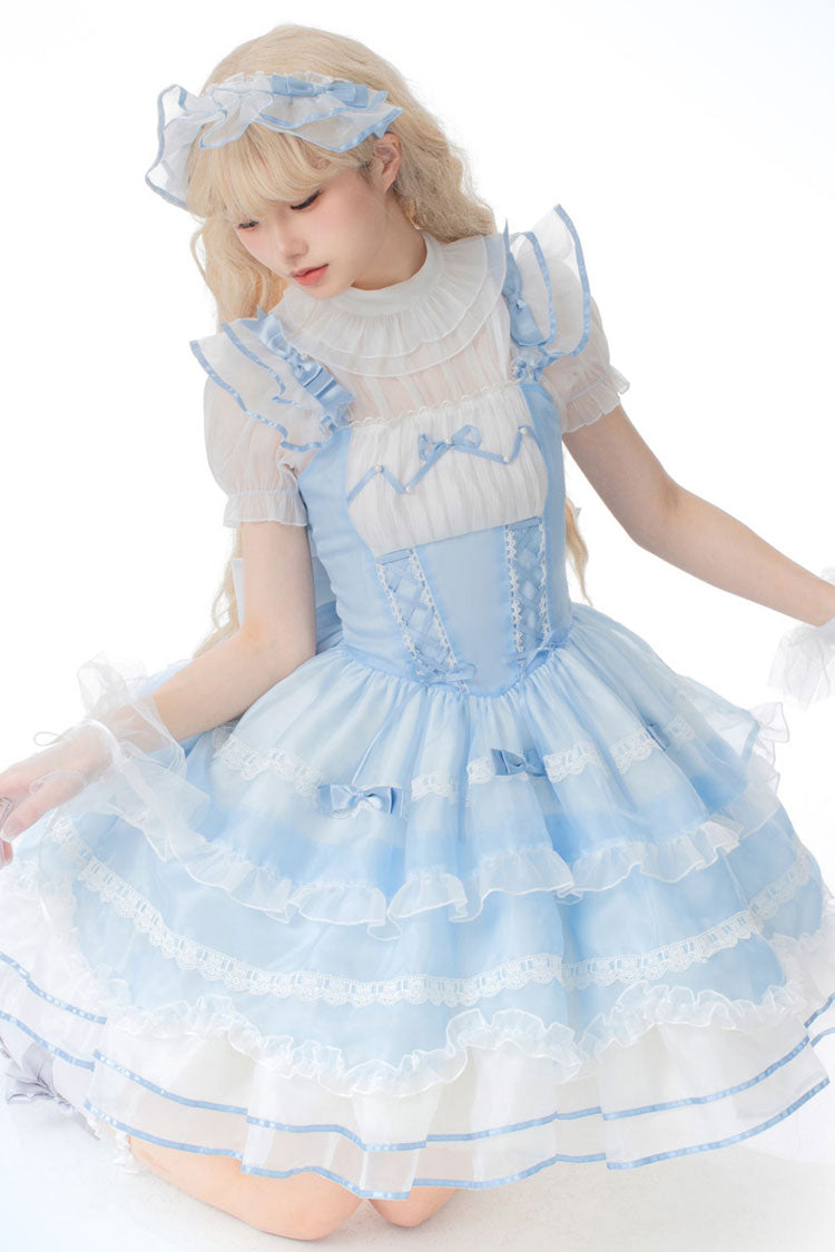 Blue Multi-layer Ruffle Bowknot Lace-Up Ballet Style Sweet Princess Lolita Tiered Dress