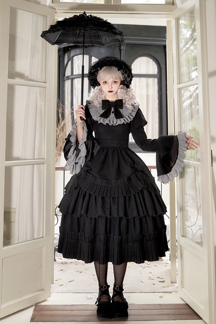 Schwarzes [Chapter of the Night] Gothic Lolita Kleid mit langen Hime-Ärmeln, Rüschen und Schleife