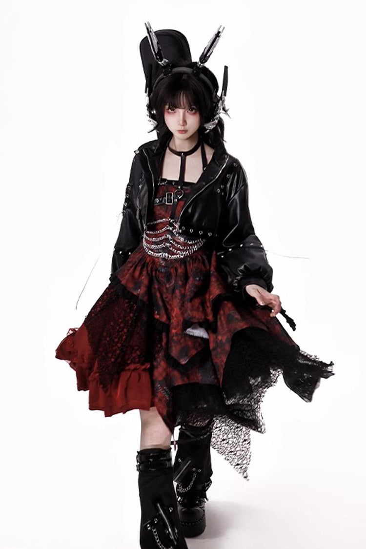 Red [Strawberries of Blood and Tears] Sleeveless Print Ruffle Bowknot Lace Asymmetric Gothic Lolita Jsk Dress