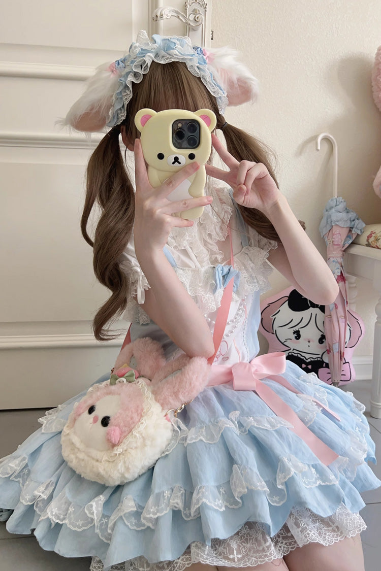 Blue Sleeveless Double-Layered Ruffle Rabbit Embroidery Bowknot Lace Sweet Lolita Jsk Dress