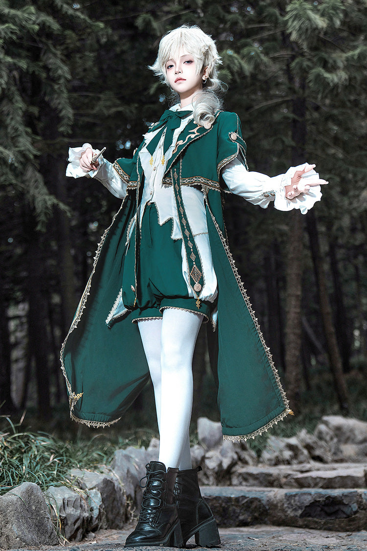 Green [Theocratic Messenger] Embroidery Classic Military Gorgeous Handsome Ouji Lolita Coat Blouse Shorts Set