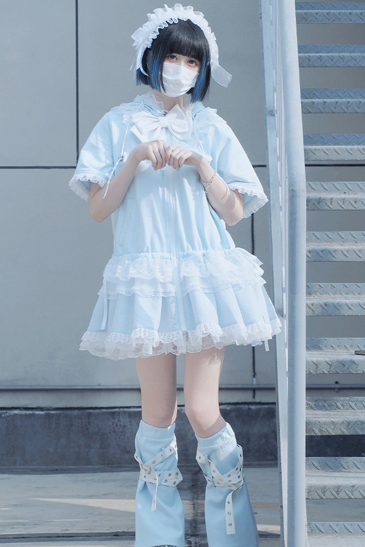 Blue Rabbit Ears Hooded Bowknot Lace Sweet Lolita Coat Set