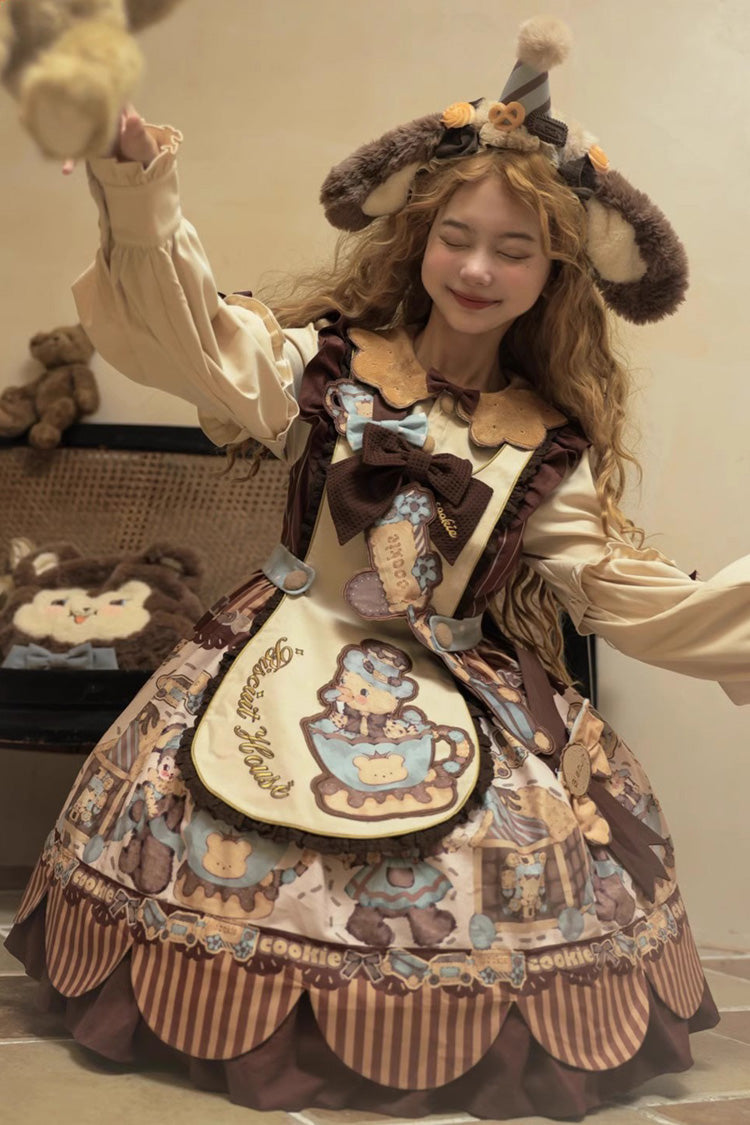 [Bear Cookies] Print Long Sleeves Ruffle Bowknot Sweet Lolita OP Dress 2 Colors