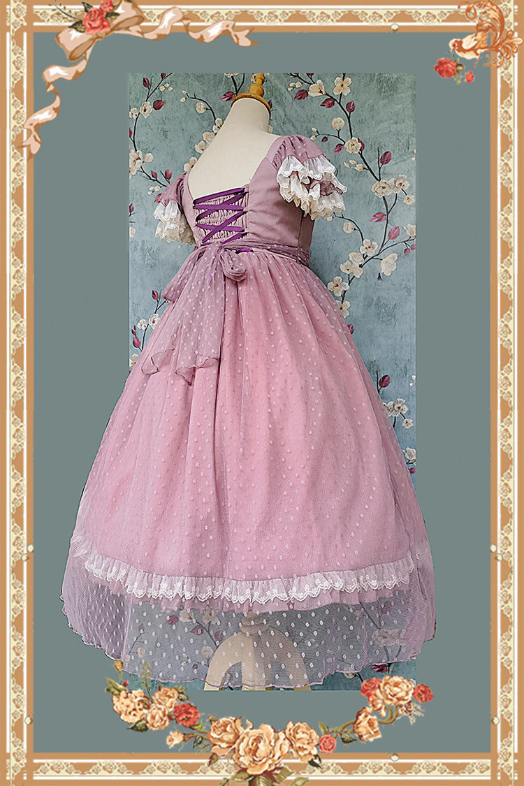 Pink [Moon goddess *Mediana*] Polka Dot Print Ruffle Bowknot Asymmetric Sweet Elegant Lolita Dress