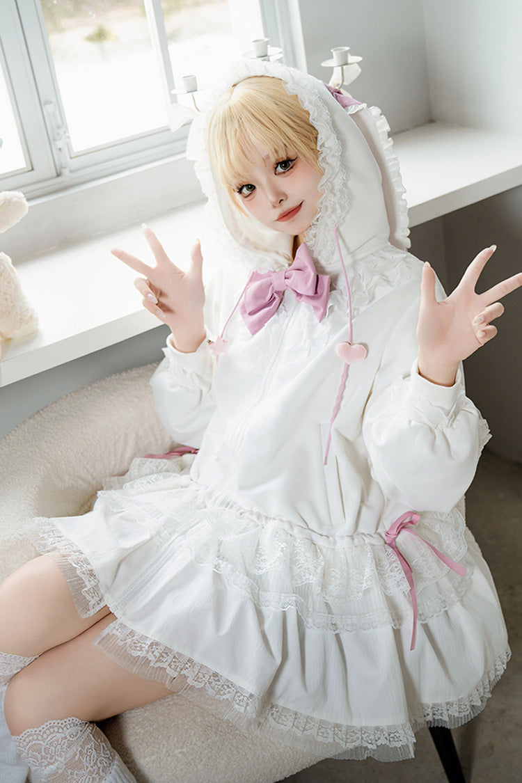 White Rabbit Ears Hooded Bowknot Lace Sweet Lolita Coat Set