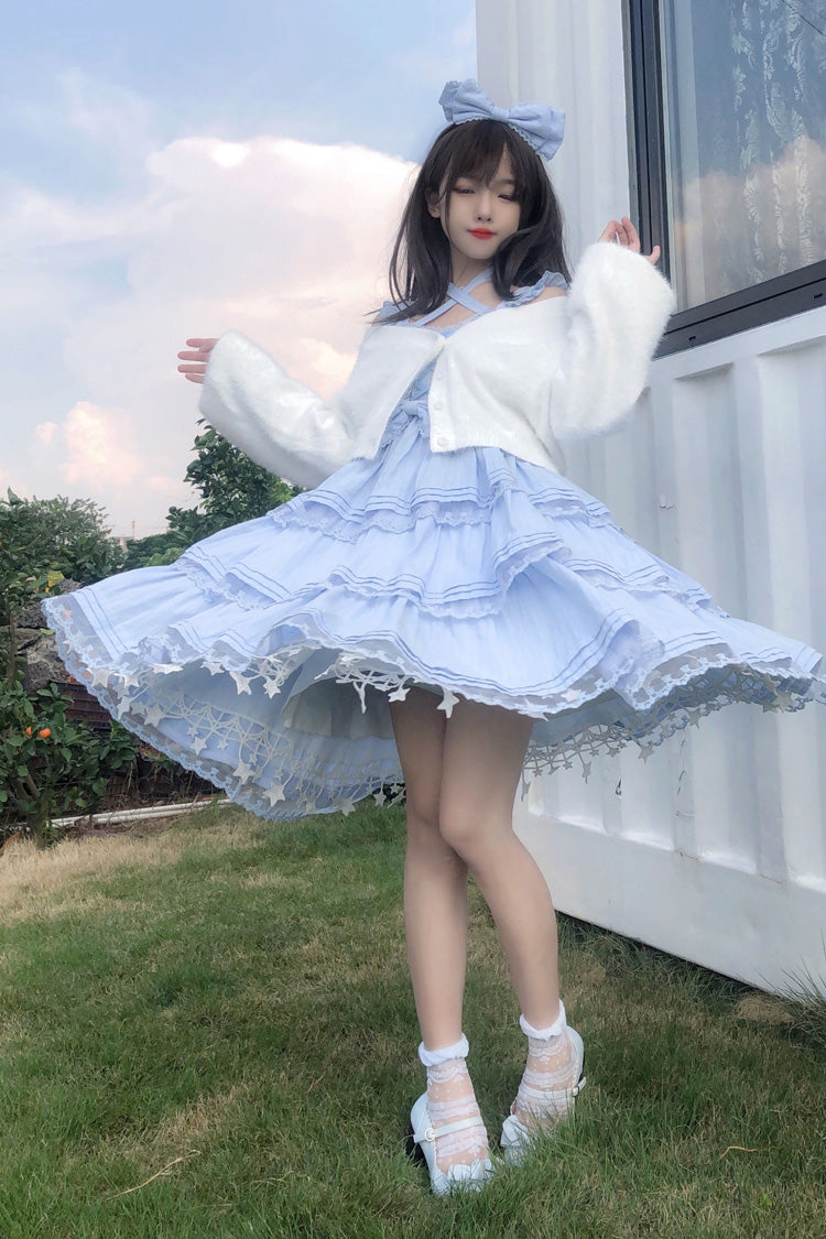 Blaues dreilagiges süßes Lolita-JSK-Kleid von First Love mit Rüschen, Schleife und Spitze