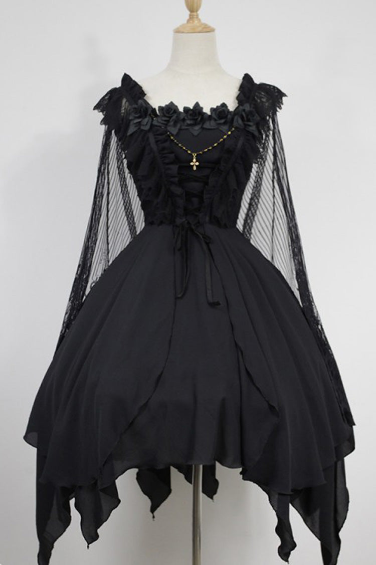 [Ballet of the Dead] Double-Layered Embroidery Lace-Up Gothic Lolita Jsk Dress (Cape Included)