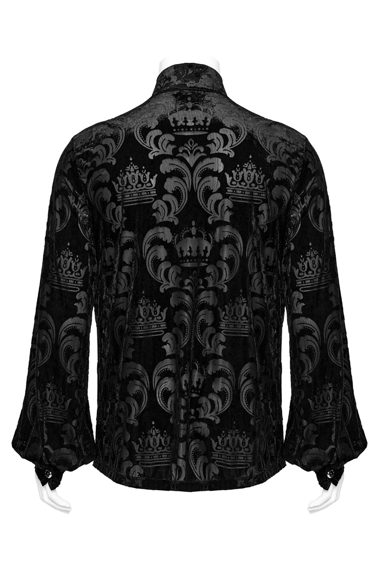 Schwarze Gothic-Bluse für Herren mit Stehkragen und Puffärmeln und Jacquard-Print