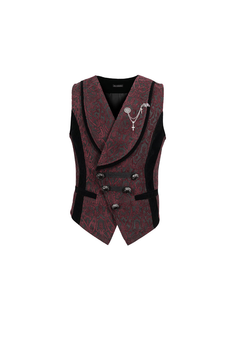 Red Slim Retro Jacquard Chest Metal Chain Cross Men's Gothic Vest