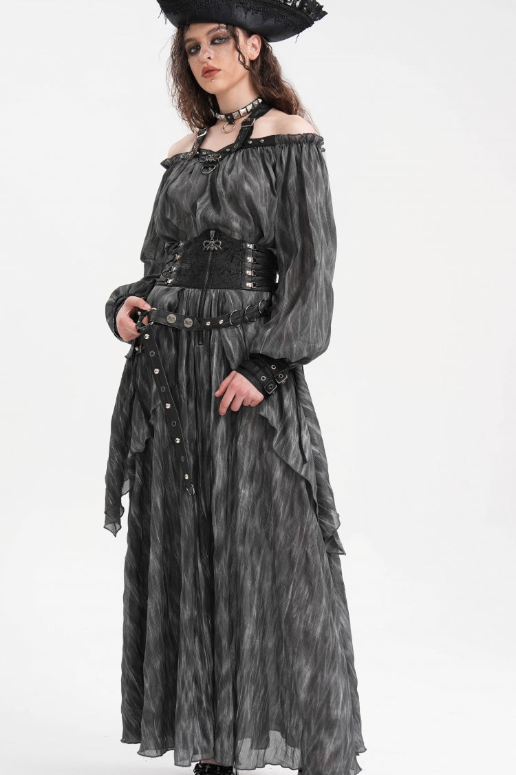 Schwarzer, langer Rock mit Rüschen und Schnürung im Gothic-Stil für Damen mit Ösen und Nieten