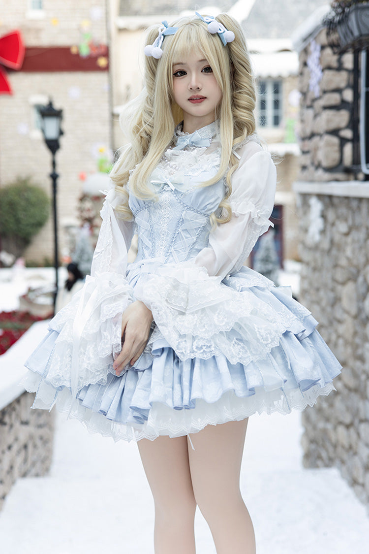 Light Blue Halterneck Double-Layered Jacquard Ruffle Bowknot Lace Sweet Ballet Lolita Jsk Dress