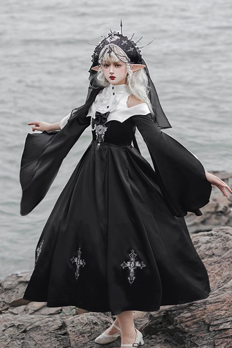 Schwarzes [Cross Nun] Stehkragen Off Shoulder Print Bowknot Gothic Elegantes Lolita Kleid