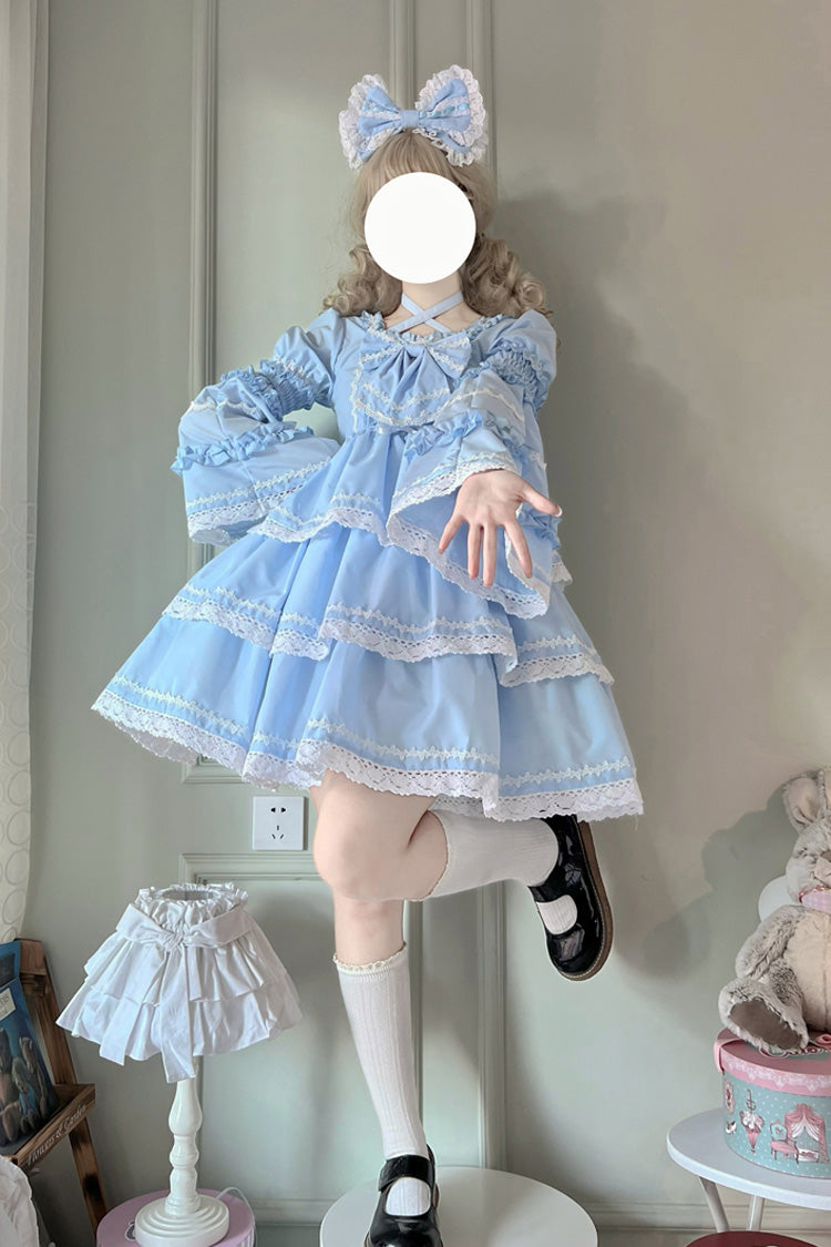 Blaues süßes Lolita-Kleid mit dreilagigen abnehmbaren Ärmeln, Schleife und Schnürung