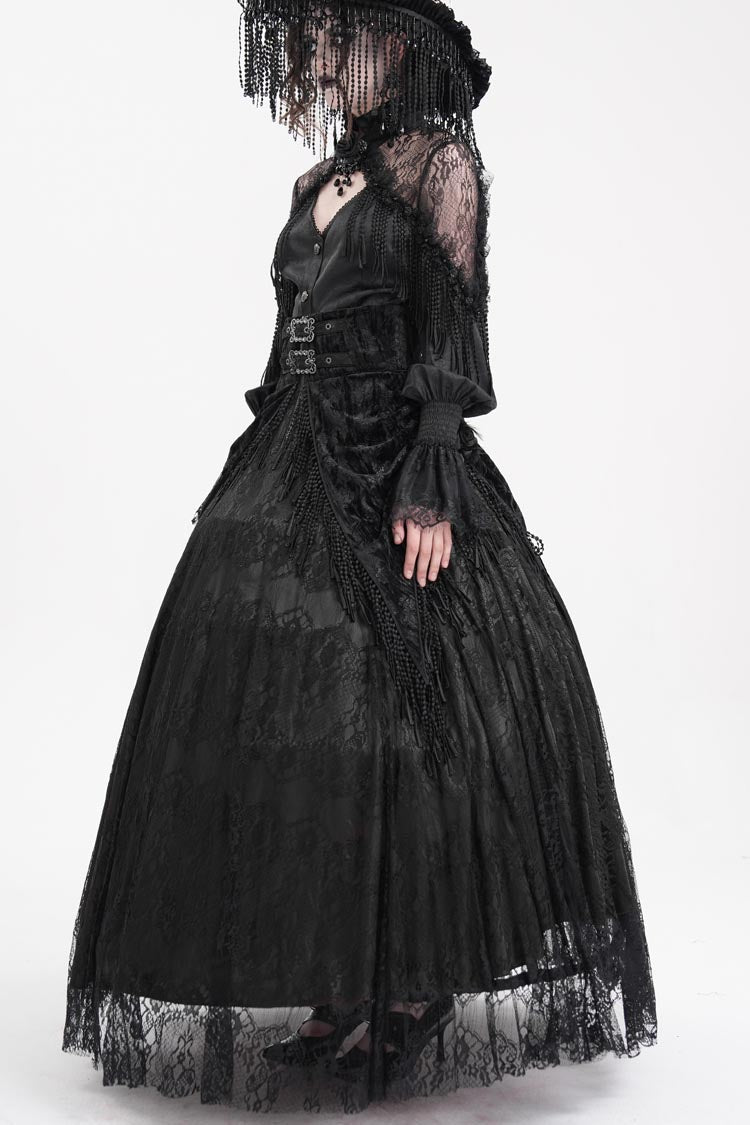 Black Print Embroidery Tassels Buckle-up Lace-Up Women's Gothic Long Skirt