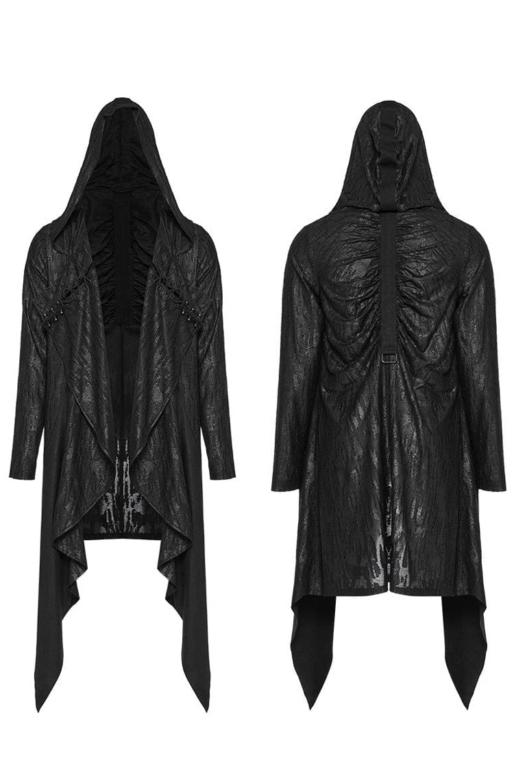 Black Long Sleeves Loose type Pleated Mens Steampunk Hooded Long Coat