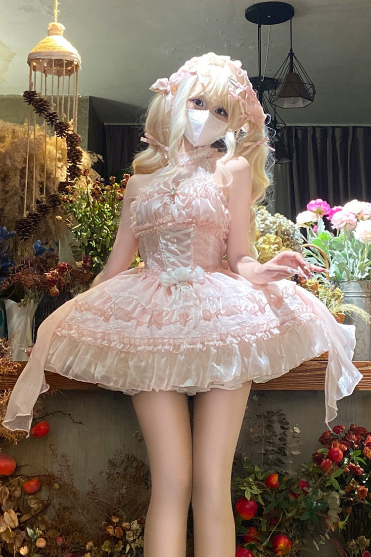 Rosa Neckholder-Dreilagiges Sweet Lolita Jsk-Kleid mit Schleife und Spitze