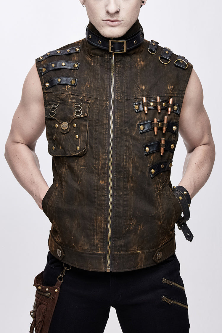 Brown Asymmetrical Bullet Belt 3D Pocket Leather Loop Rivet Back Lace Up Men's Punk Waistcoat