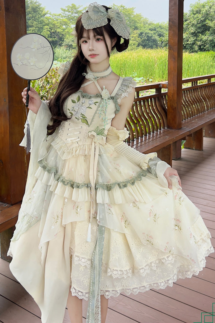 Apricot Print Ruffle Embroidery Bowknot Lace Sweet Chinese Style Lolita Jsk Dress Full Set