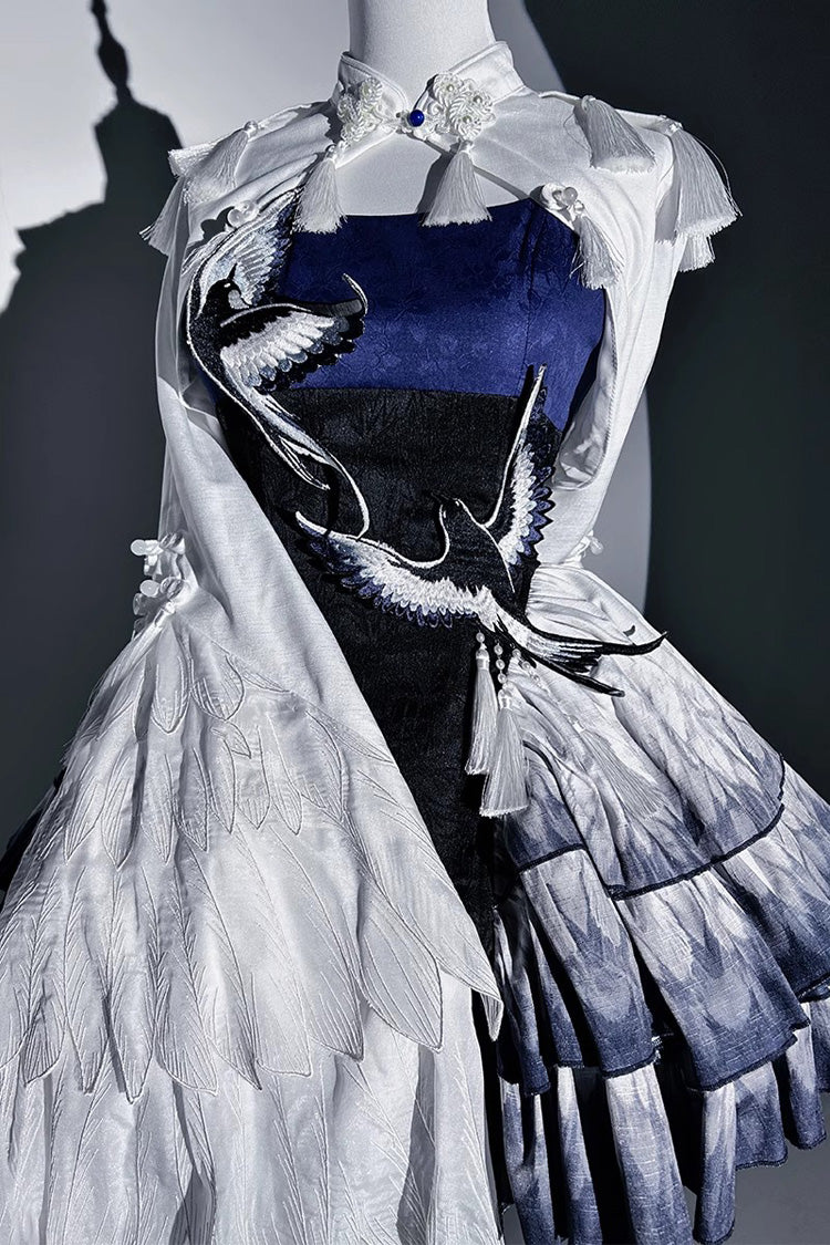 Dark Blue [Feathered Finch] Multi-Layered Print Ruffle Classic Chinese Style Lolita Jsk Dress Set