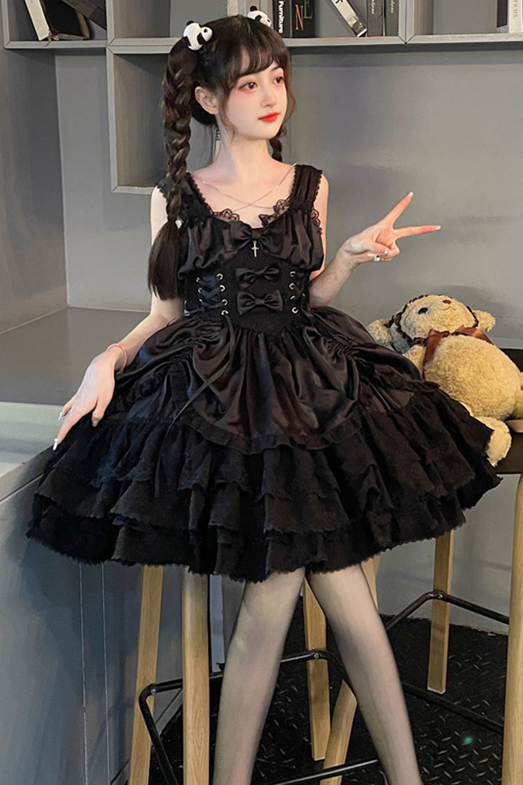 Black [Cross of Merit] Multi-Layered Bowknot Lace Gothic Lolita Jsk Dress