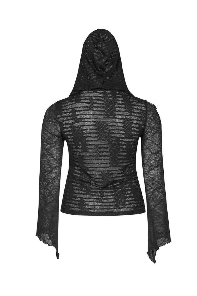 Black Front Chest Lace-Up Flare Sleeve Splice Mesh Plus Size Broken Holes Knit Hooded Women's Punk T-Shirt