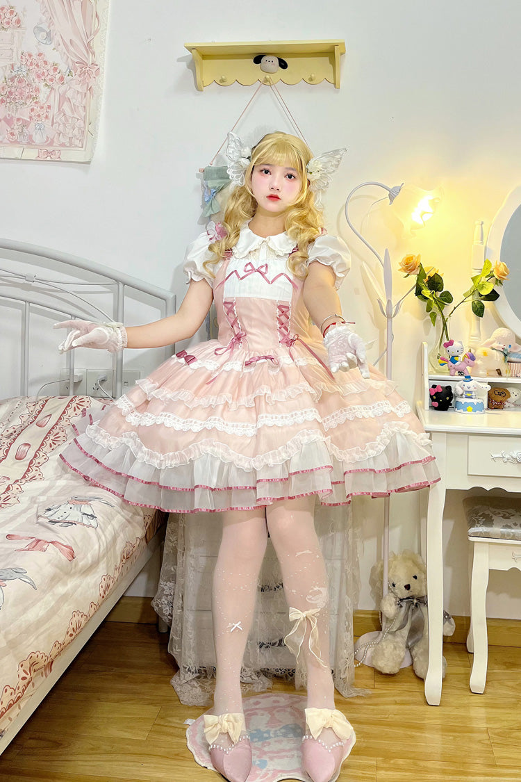 Pink Multi-layer Ruffle Bowknot Lace-Up Ballet Style Sweet Princess Lolita Tiered Dress