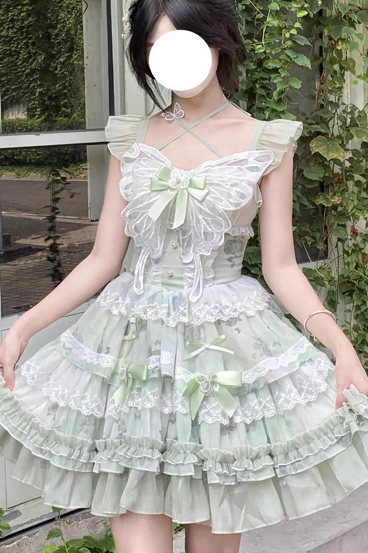 Green [Promise of the Blooming Season] Print Ruffle Bowknot Lace Sweet Princess Lolita Jsk Dress