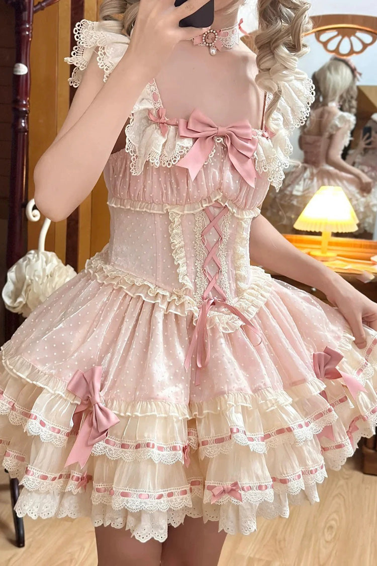 Pink Triple-Layered Bowknot Lace-Up Sweet Princess Ballet Lolita Jsk Dress