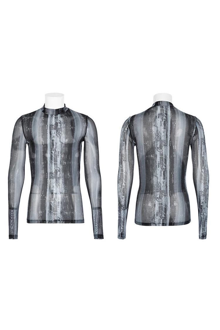 Black/Grey Punk High Collar Technology Sense Printing Elasticity Tight Long Sleeves Men's Shirt