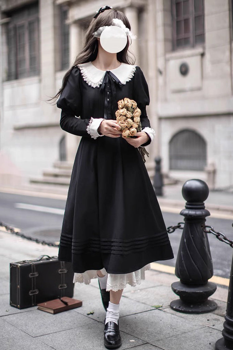 Schwarzes [Angelina] Puppenkragen Lange Ärmel Rüschen Schleife Klassisches Vintage Elegantes Lolita Kleid