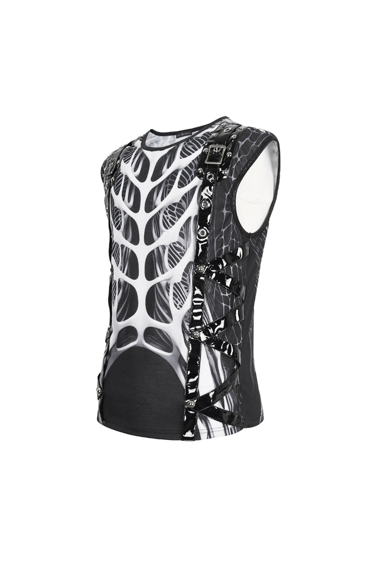 Black/White Round Collar Print Hollow Men's Punk Vest