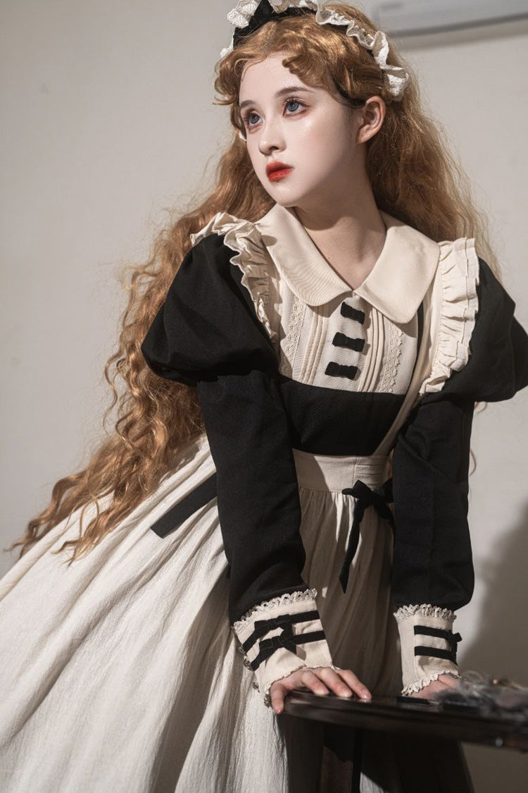 Black Maid Lapel Collar Short Sleeves Ruffle Sweet Classic Lolita Dress (Short or Long Version)