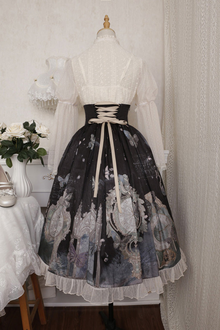 Multi-Color Cardigan Lace Ruffle Clock Butterfly Print Classic Lolita Skirt Set