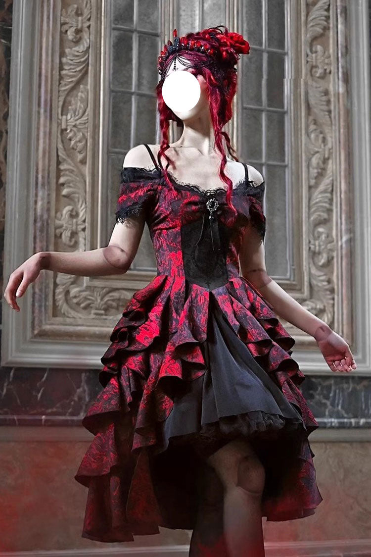 Black/Red Feast in Hades Short Sleeves Print Ruffle Cardigan Gothic Lolita Dress