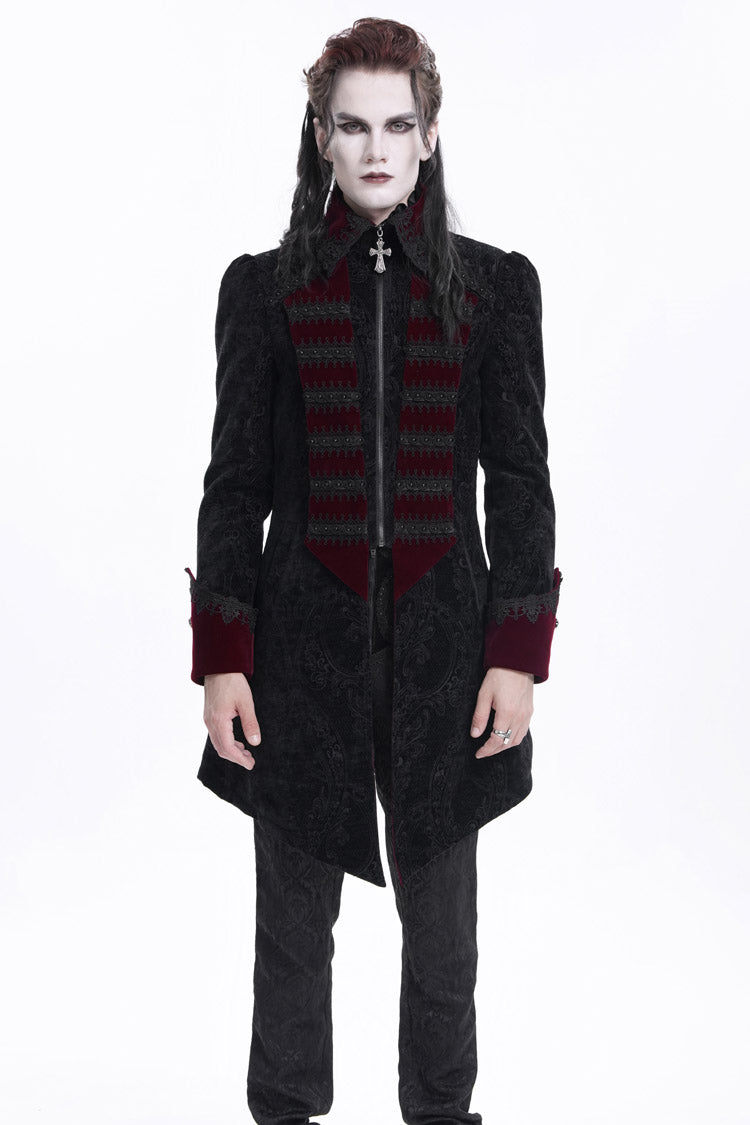 Black/Red Lapel Collar Long Sleeves Crochet  Men's Gothic Jacket