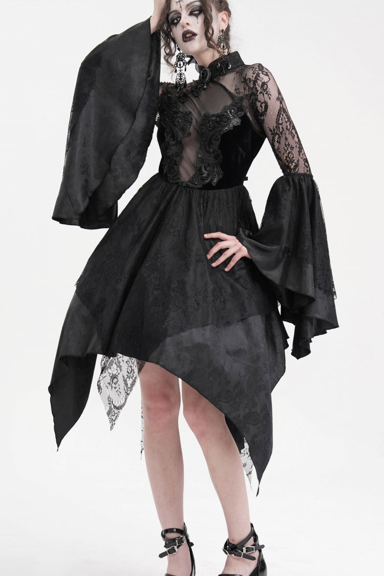 Black Long Sleeves Embroidery Lace Lace-Up Irregular Sheer Mesh Women's Gothic Dress