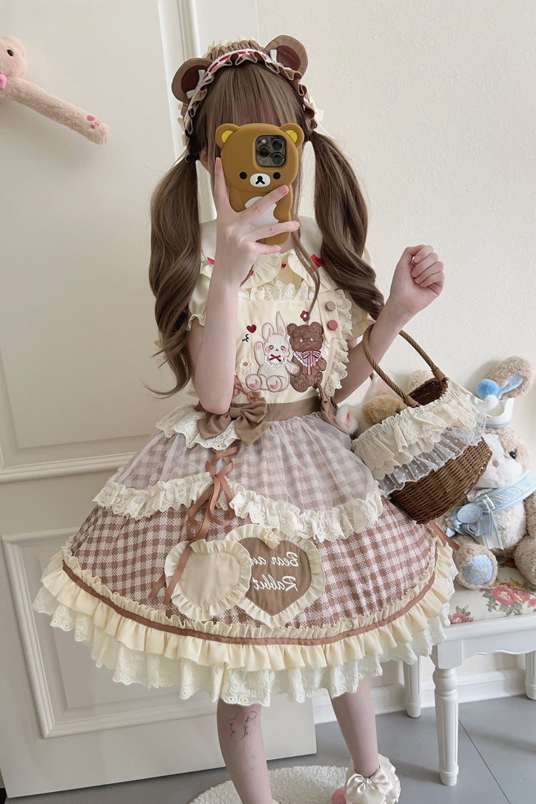 Rabbit Bear Diary Plaid Print Ruffle Bowknot Sweet Lolita Skirt 2 Colors (Blouse Included)