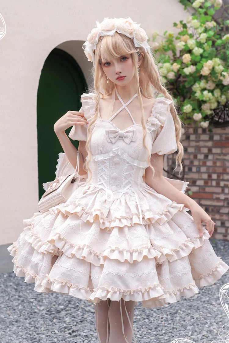 Champagne Square Collar Short Sleeves Triple-Layered Ruffle Bowknot Sweet Lolita Dress